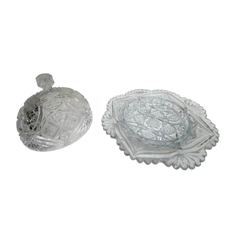 Vintage Clear Pressed Glass Domed Butter Dish Pinwheel Starburst Scalloped Edge‎
